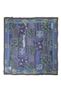 Blue printed cashmere-silk blend scarf featuring Kantha-style patchwork motif