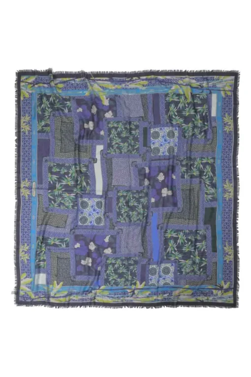 Blue printed cashmere-silk blend scarf featuring Kantha-style patchwork motif