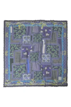 Blue printed cashmere-silk blend scarf featuring Kantha-style patchwork motif
