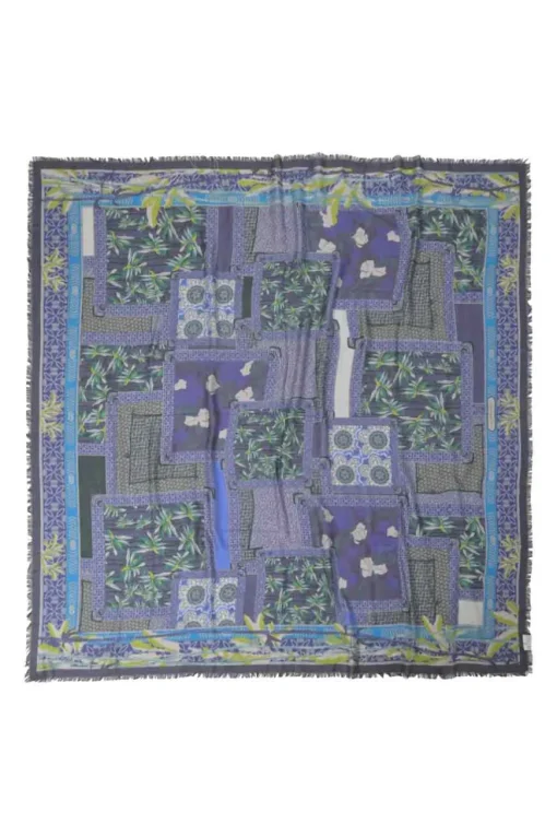 Blue printed cashmere-silk blend scarf featuring Kantha-style patchwork motif