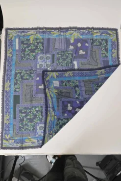 Blue printed cashmere-silk blend scarf featuring Kantha-style patchwork motif