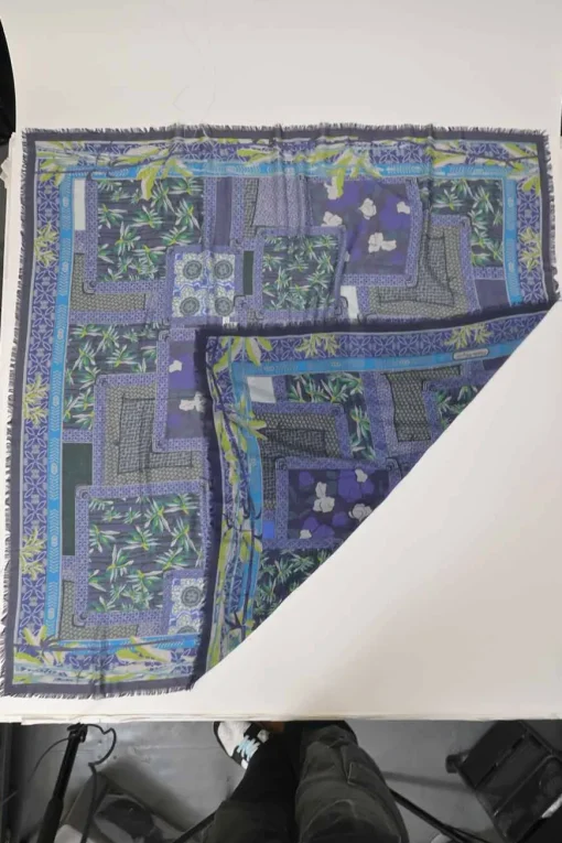 Blue printed cashmere-silk blend scarf featuring Kantha-style patchwork motif