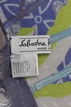Blue printed cashmere-silk blend scarf featuring Kantha-style patchwork motif