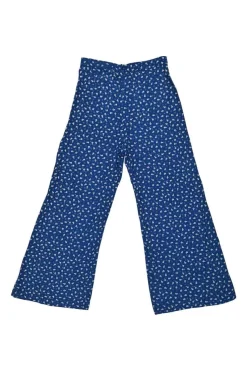 Blue rayon floral print tie-waist puff sleeve top and high-rise wide-leg trouser set