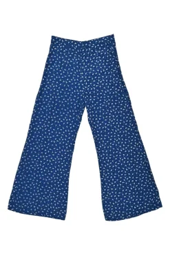 Blue rayon floral print tie-waist puff sleeve top and high-rise wide-leg trouser set