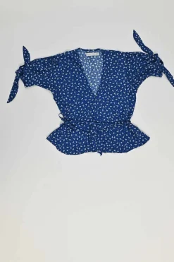 Blue rayon floral print tie-waist puff sleeve top and high-rise wide-leg trouser set