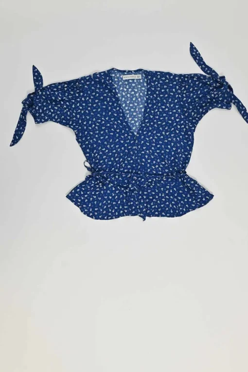 Blue rayon floral print tie-waist puff sleeve top and high-rise wide-leg trouser set