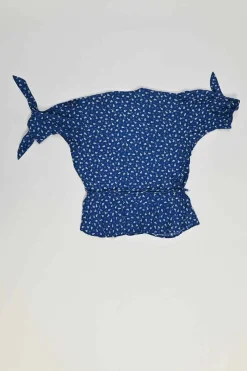 Blue rayon floral print tie-waist puff sleeve top and high-rise wide-leg trouser set