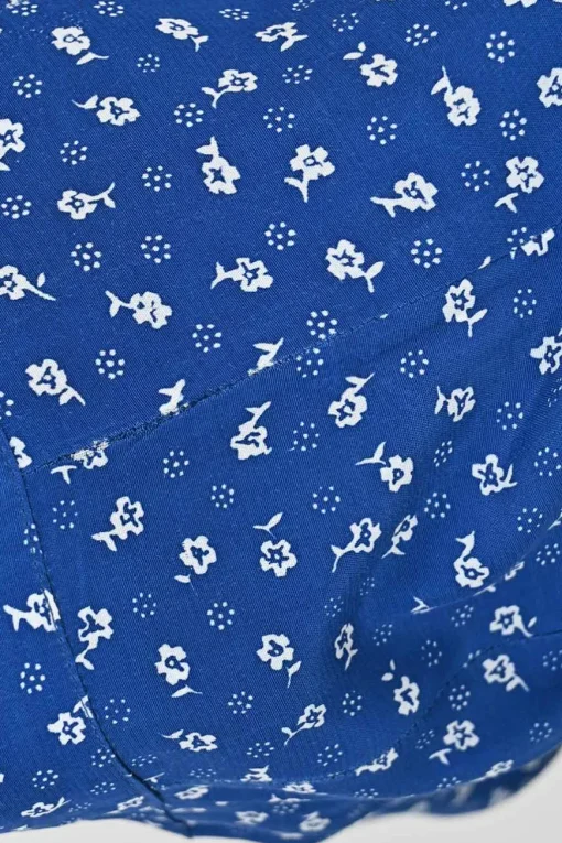 Blue rayon floral print tie-waist puff sleeve top and high-rise wide-leg trouser set