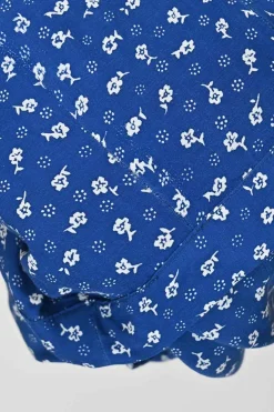 Blue rayon floral print tie-waist puff sleeve top and high-rise wide-leg trouser set
