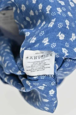 Blue rayon floral print tie-waist puff sleeve top and high-rise wide-leg trouser set