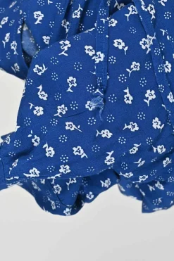 Blue rayon floral print tie-waist puff sleeve top and high-rise wide-leg trouser set