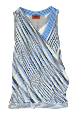 Blue rayon fully-fashioned warp knit wrap-effect tank top and pull-on shorts two-piece set
