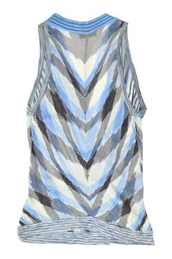 Blue rayon fully-fashioned warp knit wrap-effect tank top and pull-on shorts two-piece set