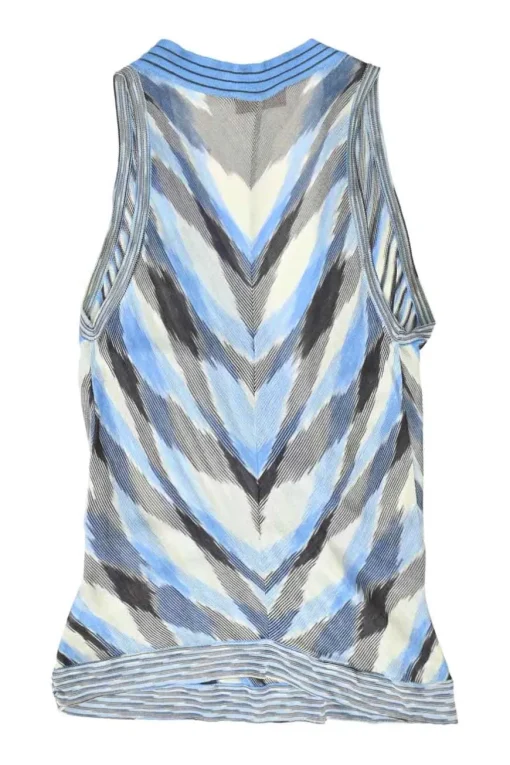 Blue rayon fully-fashioned warp knit wrap-effect tank top and pull-on shorts two-piece set
