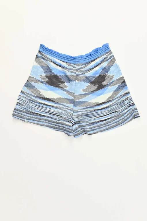 Blue rayon fully-fashioned warp knit wrap-effect tank top and pull-on shorts two-piece set