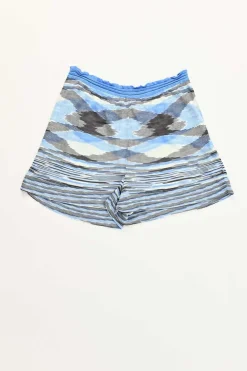 Blue rayon fully-fashioned warp knit wrap-effect tank top and pull-on shorts two-piece set