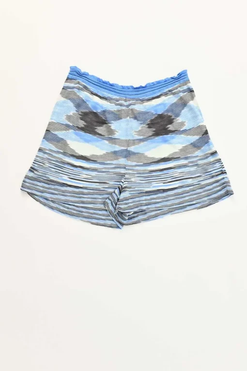 Blue rayon fully-fashioned warp knit wrap-effect tank top and pull-on shorts two-piece set