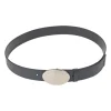 Blue Saffiano leather belt featuring large silver-tone engraved logo