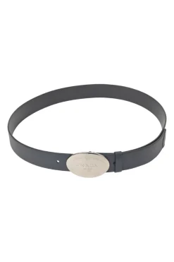 Blue Saffiano leather belt featuring large silver-tone engraved logo