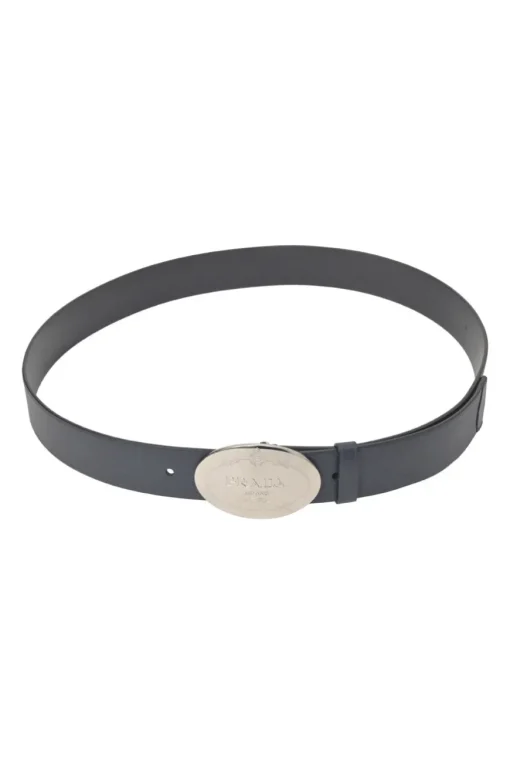 Blue Saffiano leather belt featuring large silver-tone engraved logo