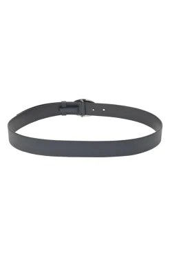 Blue Saffiano leather belt featuring large silver-tone engraved logo