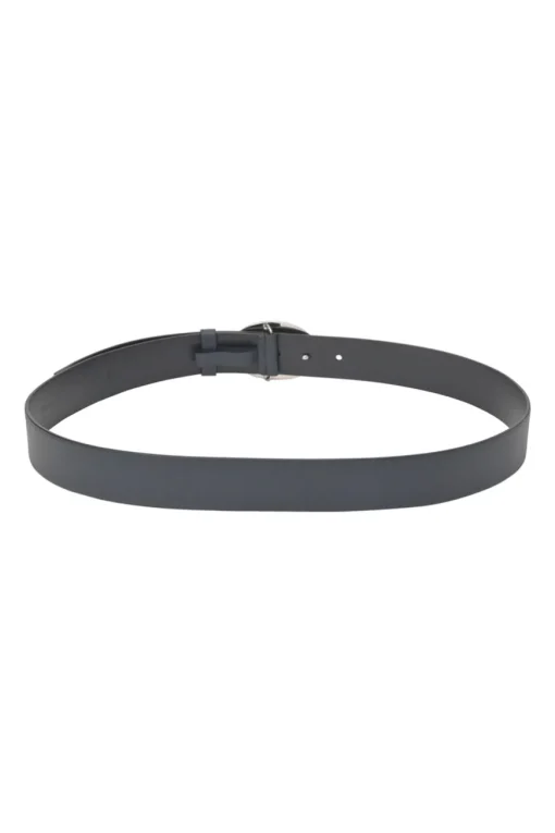 Blue Saffiano leather belt featuring large silver-tone engraved logo
