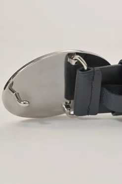 Blue Saffiano leather belt featuring large silver-tone engraved logo