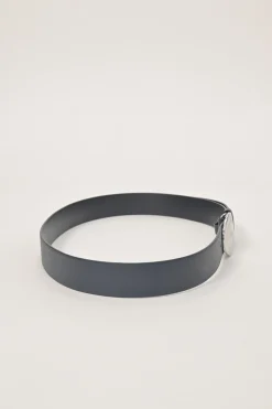 Blue Saffiano leather belt featuring large silver-tone engraved logo