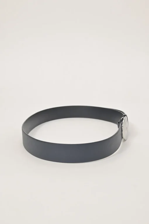 Blue Saffiano leather belt featuring large silver-tone engraved logo