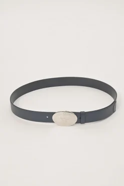 Blue Saffiano leather belt featuring large silver-tone engraved logo