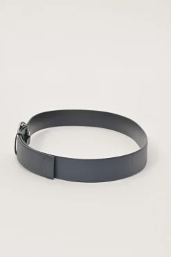Blue Saffiano leather belt featuring large silver-tone engraved logo