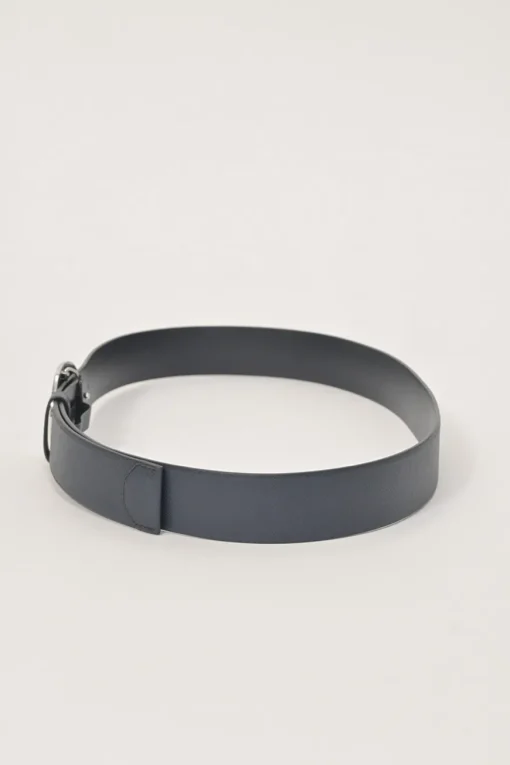 Blue Saffiano leather belt featuring large silver-tone engraved logo