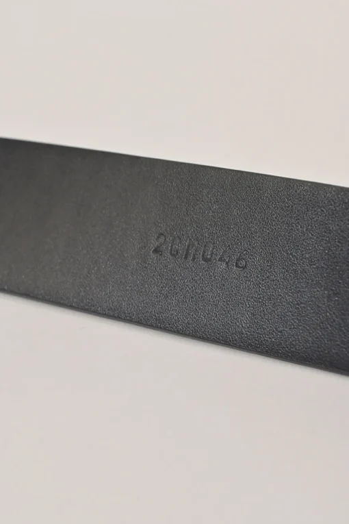 Blue Saffiano leather belt featuring large silver-tone engraved logo