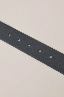 Blue Saffiano leather belt featuring large silver-tone engraved logo