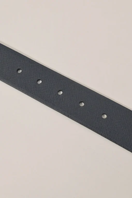 Blue Saffiano leather belt featuring large silver-tone engraved logo