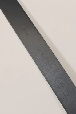Blue Saffiano leather belt featuring large silver-tone engraved logo