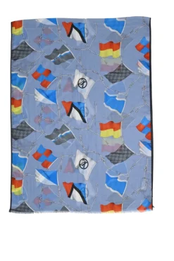 Blue semi-sheer silk-cashmere blend novelty flag print shawl scarf