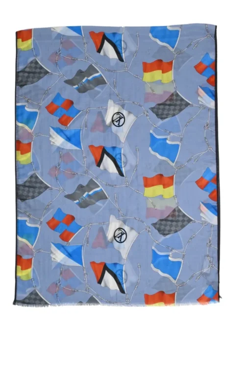 Blue semi-sheer silk-cashmere blend novelty flag print shawl scarf