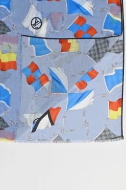 Blue semi-sheer silk-cashmere blend novelty flag print shawl scarf