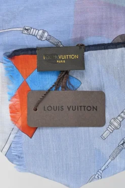 Blue semi-sheer silk-cashmere blend novelty flag print shawl scarf