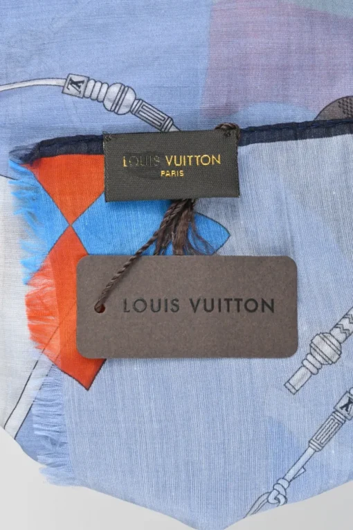Blue semi-sheer silk-cashmere blend novelty flag print shawl scarf