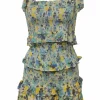 Blue shirred cotton floral print Norleen two-piece set featuring ribbon-tie strap crop top and ruffle tier mini skirt