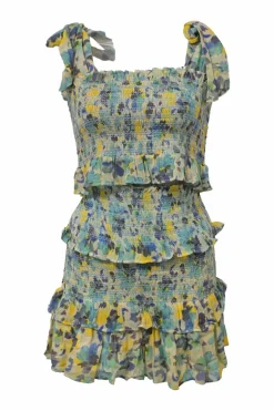 Blue shirred cotton floral print Norleen two-piece set featuring ribbon-tie strap crop top and ruffle tier mini skirt