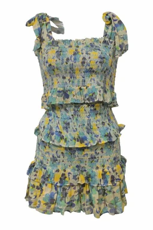 Blue shirred cotton floral print Norleen two-piece set featuring ribbon-tie strap crop top and ruffle tier mini skirt