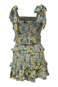 Blue shirred cotton floral print Norleen two-piece set featuring ribbon-tie strap crop top and ruffle tier mini skirt