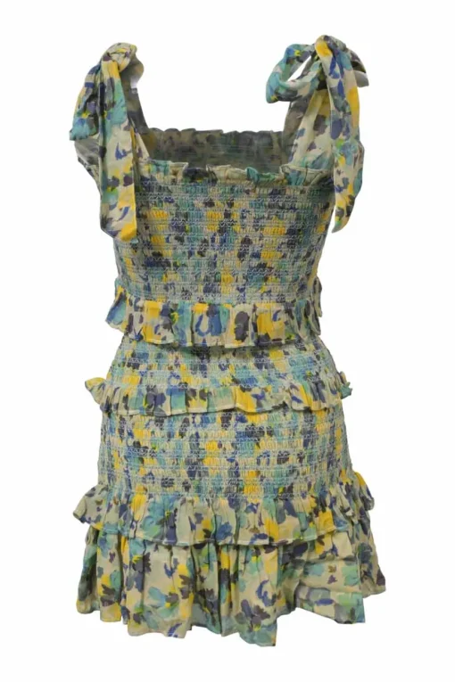 Blue shirred cotton floral print Norleen two-piece set featuring ribbon-tie strap crop top and ruffle tier mini skirt