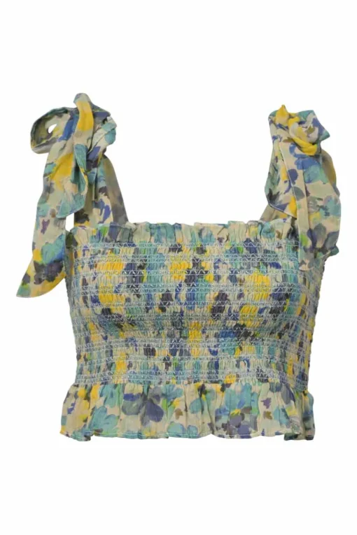 Blue shirred cotton floral print Norleen two-piece set featuring ribbon-tie strap crop top and ruffle tier mini skirt