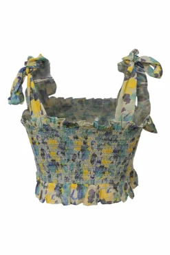 Blue shirred cotton floral print Norleen two-piece set featuring ribbon-tie strap crop top and ruffle tier mini skirt