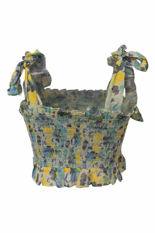 Blue shirred cotton floral print Norleen two-piece set featuring ribbon-tie strap crop top and ruffle tier mini skirt